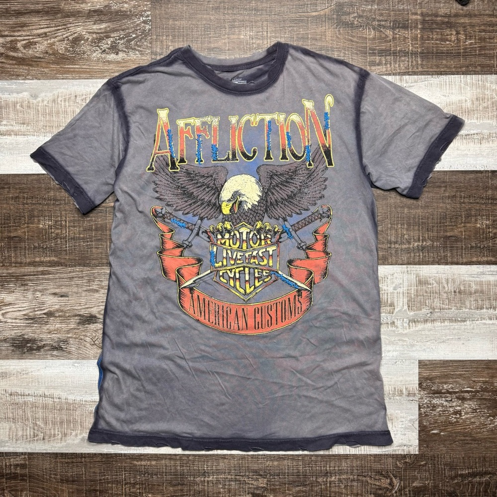Affliction Motor Live Fast Cycles Double Sided  Mens Graphic T Shirt Size L Y2K